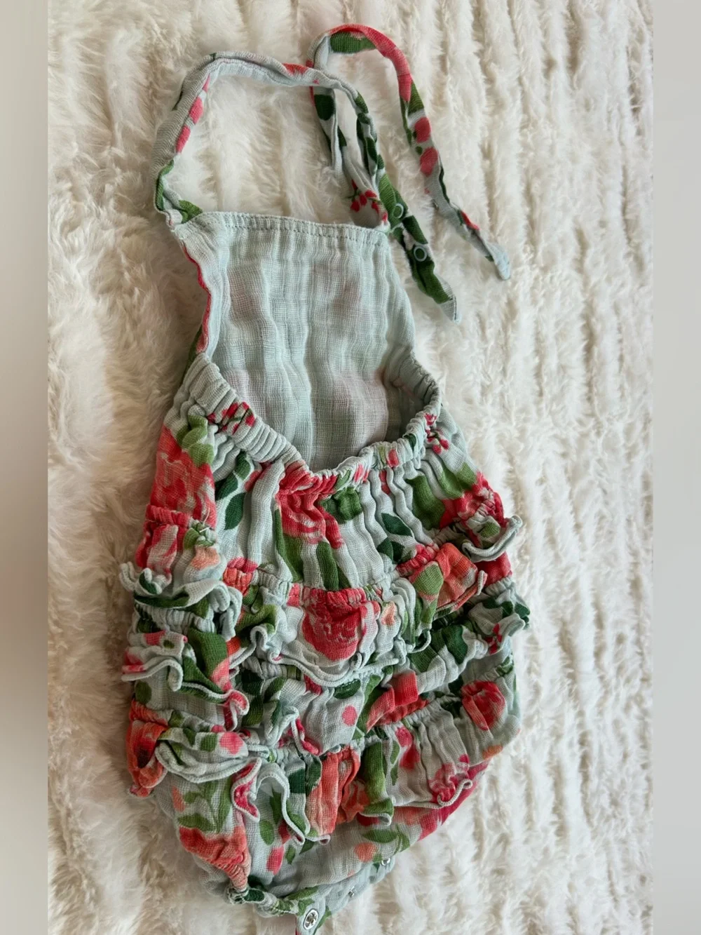 Angel Dear Green and Pink Cotton Muslin Bubble Romper